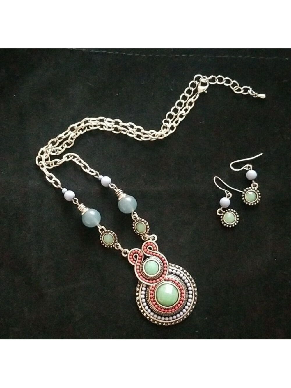 Fashion Jewelry | Blue Green and Silver Necklace and Earrings Set | J2-0211D